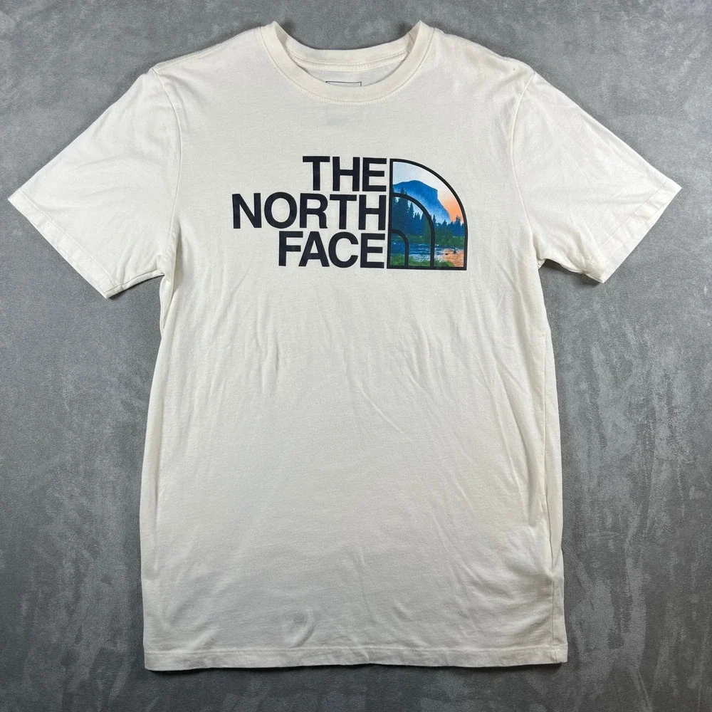 The North Face Mens Small Cream Graphic T-Shirt Yosemite Half Dome Logo Tee